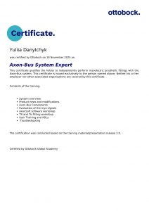 Сертифікат про проходження навчання Юлії Данильчик в компанії Ottobock, Німеччина