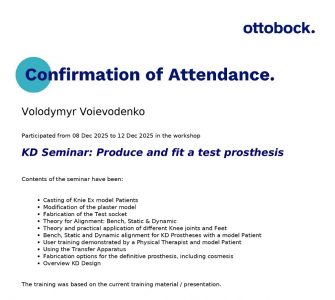 Сертифікат від Ottobock про навчання по темі - протезування після дезартикуляції колінного суглобу